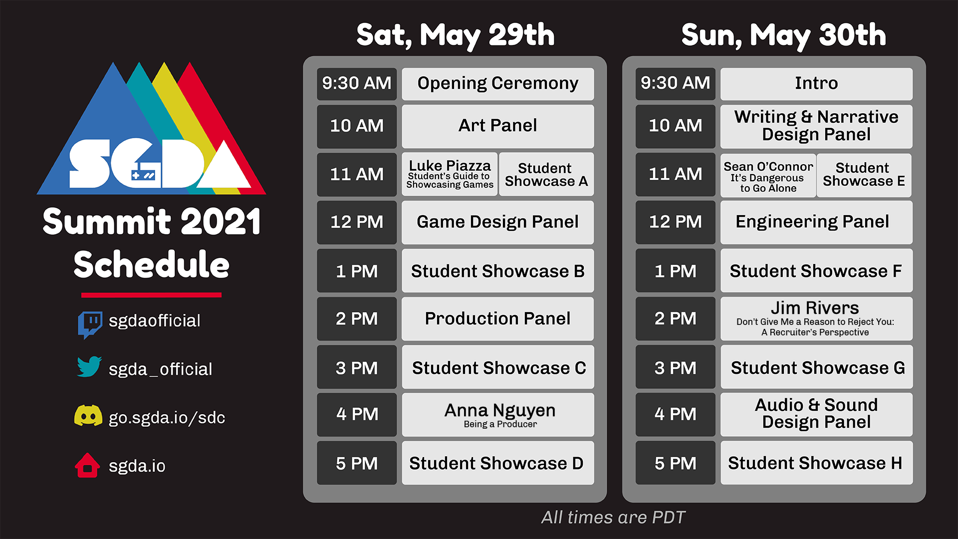 Image of schedule for the SGDA event.