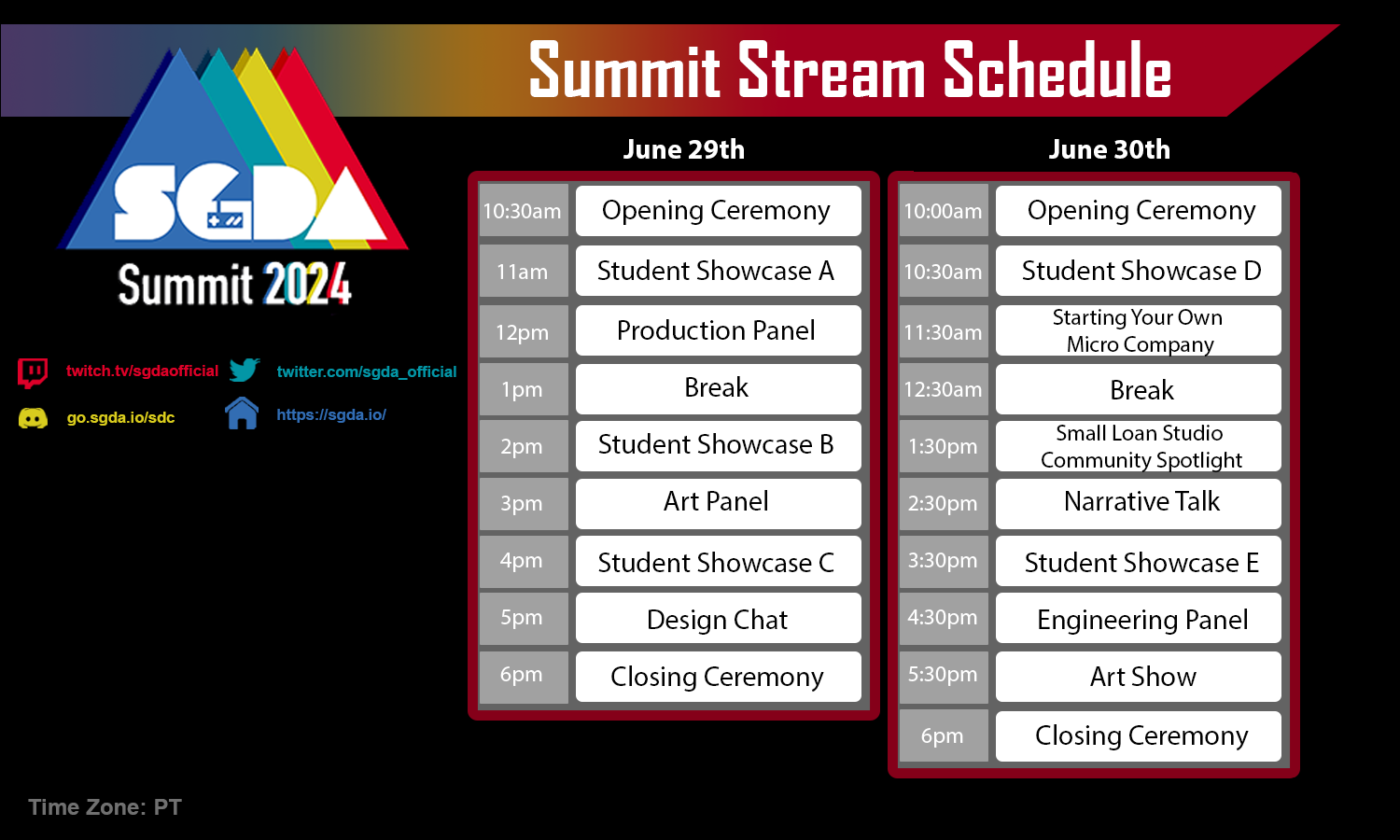 Image of schedule for the SGDA event.