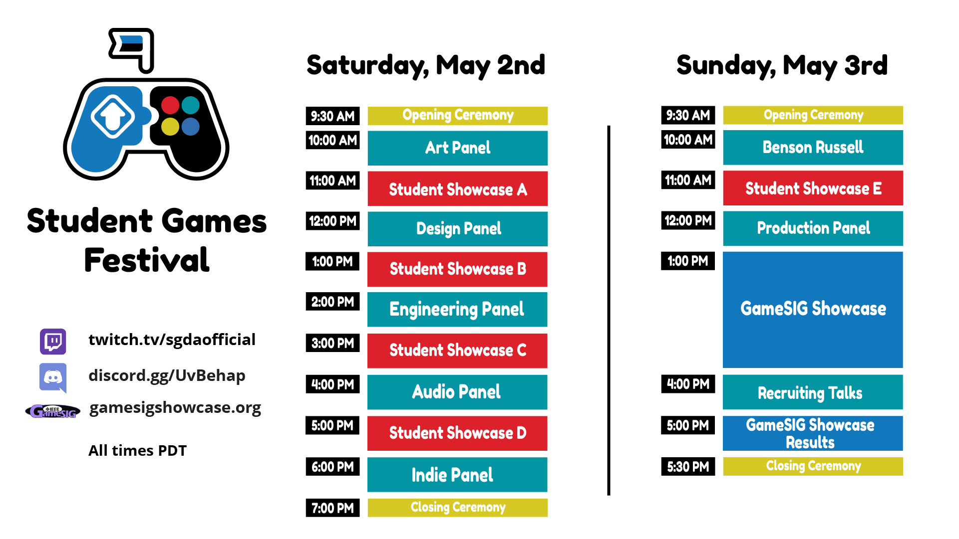 Image of schedule for the SGDA event.
